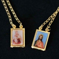Gold Plated Scapular Sacred Heart Jesus and Mary 60cm