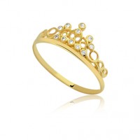 Anel de Ouro 18k Coroa de Princesa com Pedras de Zircnia Cristal 1,00mm S