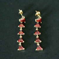 Earring Semi Jewelry Gold Plated With Red Zirconia Stones Triangle Format