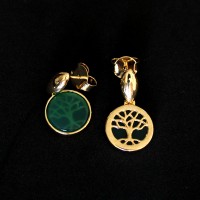 Gold Plated Semi Jewelry Earring with Natural Stone Green Agata Tree of Life