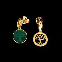 Gold Plated Semi Jewelry Earring with Natural Stone Green Agata Tree of Life