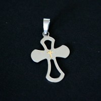 Steel Crucifix Pendant with Gold Hollow Oval