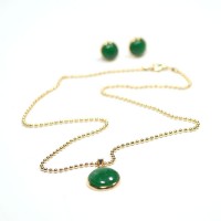 Semi Jewelry Set Gold Plated Necklace and Earring Rat Tail with Natural Green Agate Stone