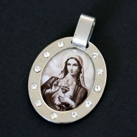 Pendant Steel Sacred Heart of Mary, with 11 Zirconia Stones