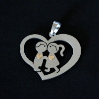 Steel Heart Pendant Boy and Girl with Heart of Gold Details