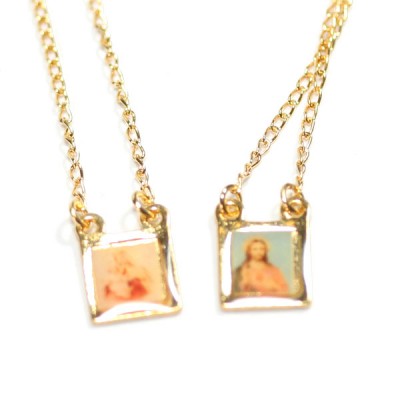 Escapulário Folheado a Ouro Sagrado Coração Jesus e Maria 60cm